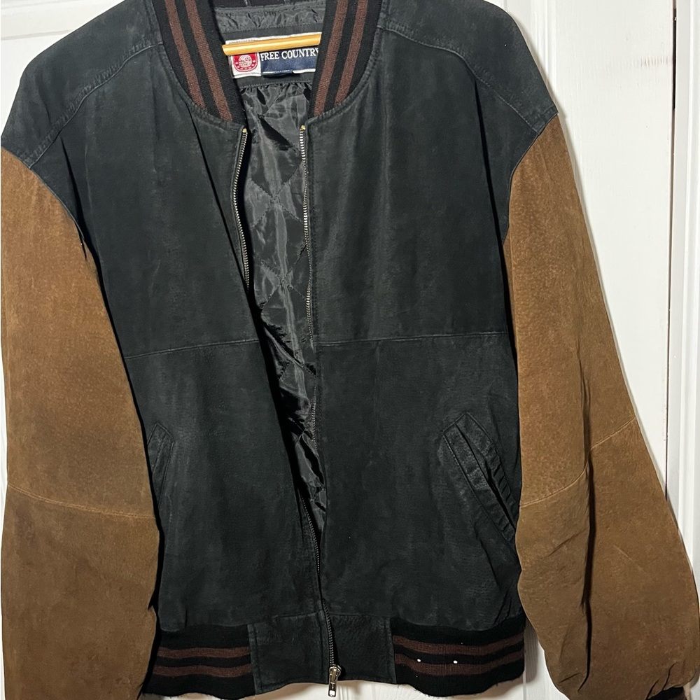 Free Country Black and Brown Leather Bomber Jacket